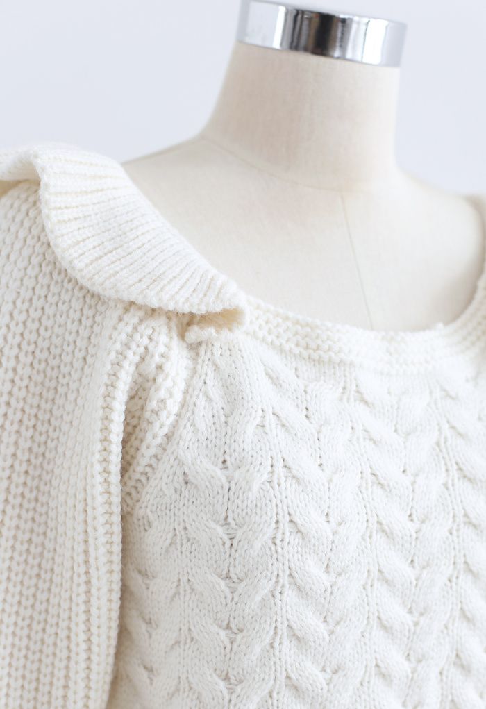 Square Neck Braid Ribbed Crop Sweater in Ivory