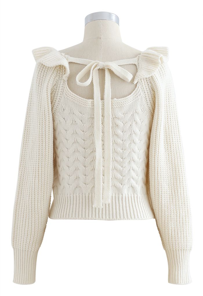 Square Neck Braid Ribbed Crop Sweater in Ivory
