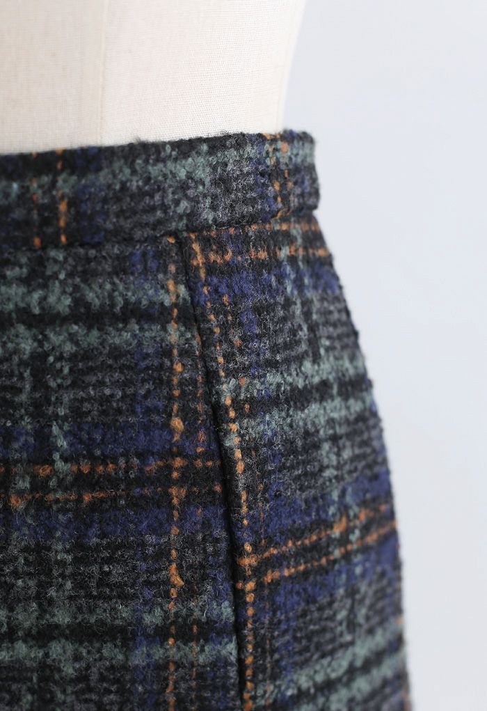 Check Print Wool-Blend Mini Bud Skirt in Teal
