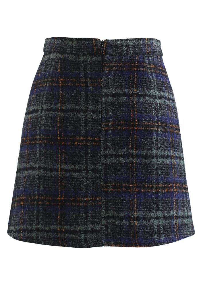 Check Print Wool-Blend Mini Bud Skirt in Teal