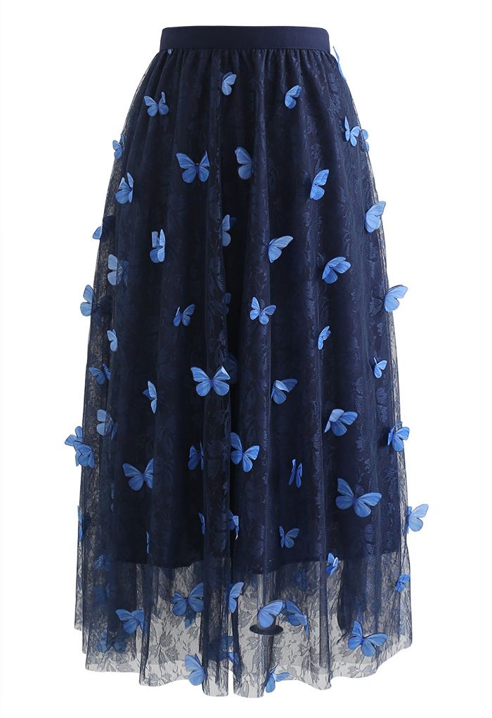 Double-Layered 3D Butterfly Lace Mesh Skirt in Navy