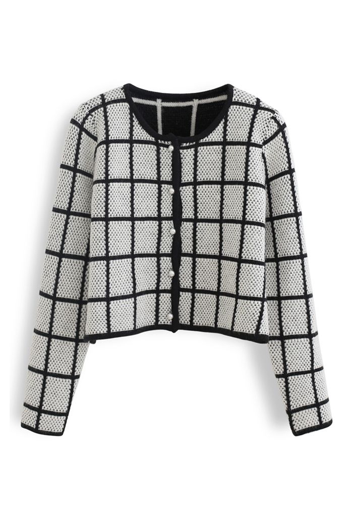 Honeycomb Knit Grid Cropped Cardigan in White