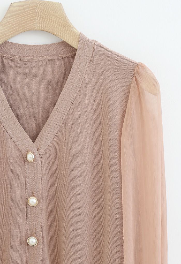 Button Down V-Neck Sheer Sleeves Knit Top in Dusty Pink