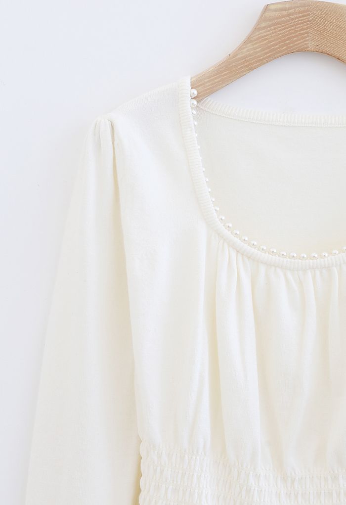 Pearl Square Neck Shirred Peplum Knit Top in White