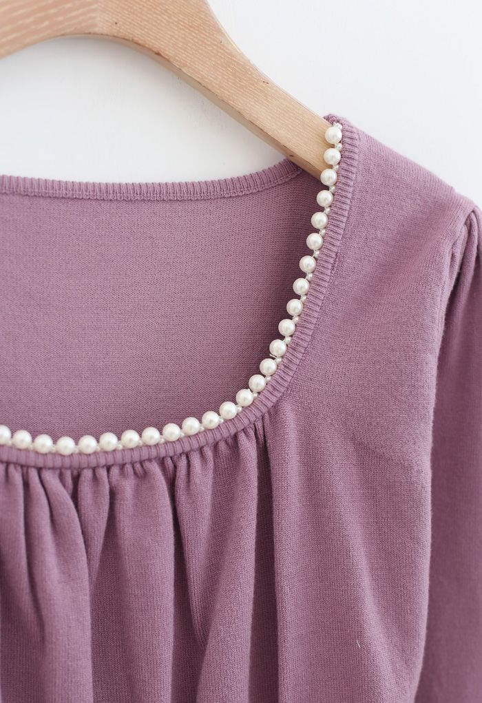 Pearl Square Neck Shirred Peplum Knit Top in Lilac