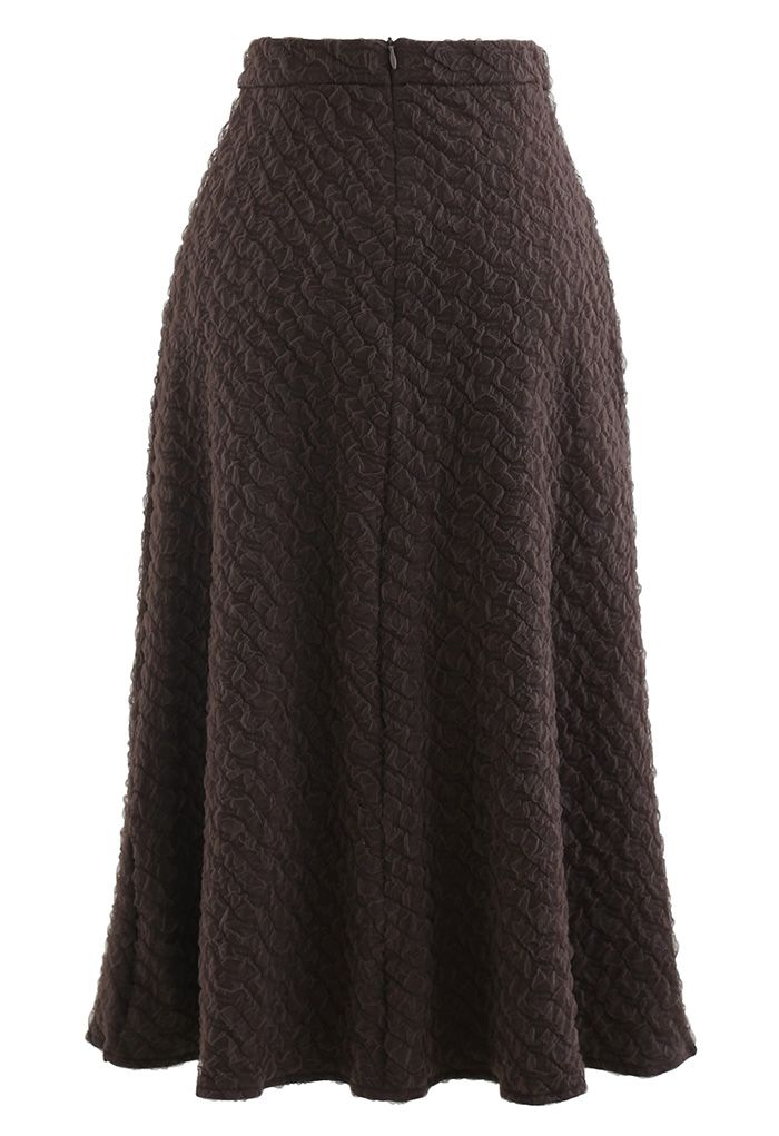 Embossed Mesh Flare Midi Skirt in Brown