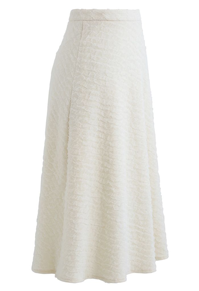 Embossed Mesh Flare Midi Skirt in White