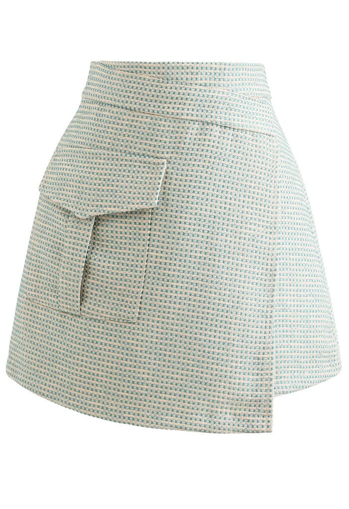 Patched Pocket Flap Tweed Bud Skirt in Green