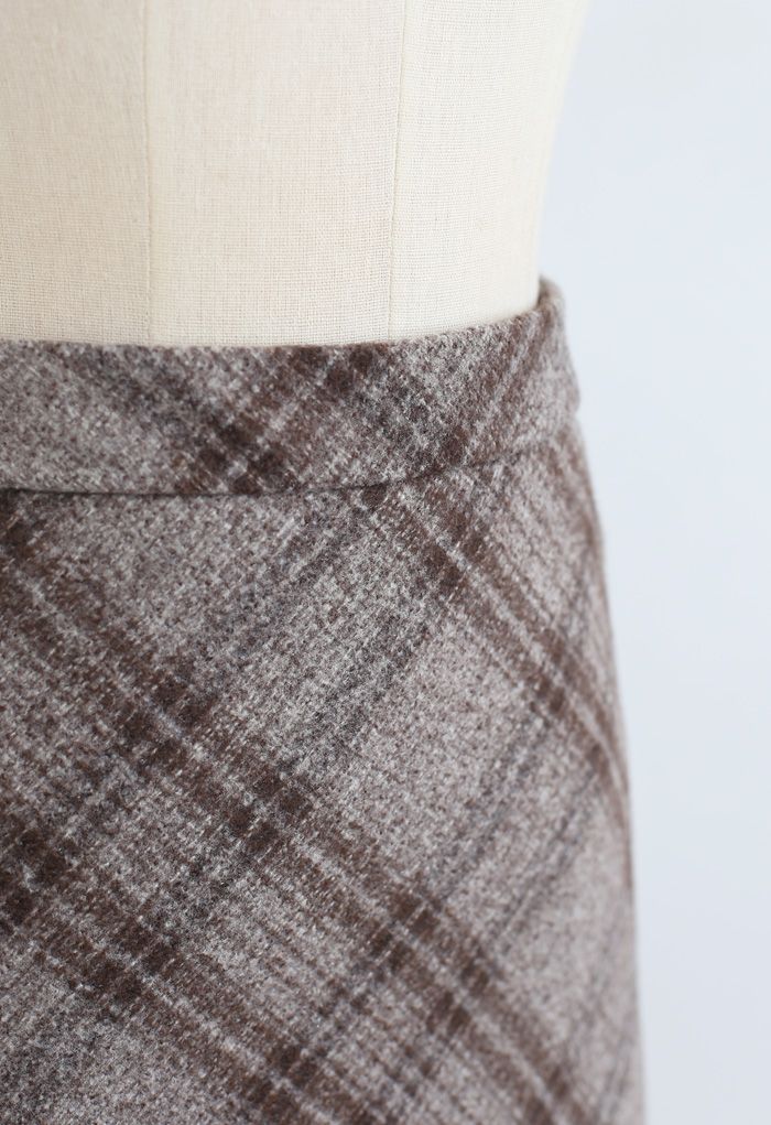 Check Print Wool-Blend Pencil Skirt in Taupe