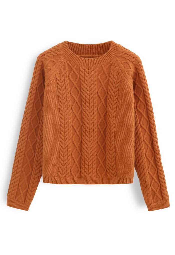 Braid Texture Cropped Knit Sweater in Orange