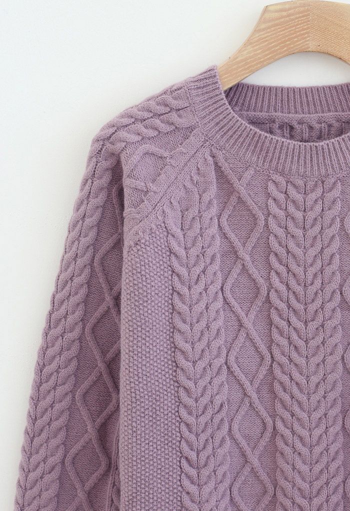 Braid Texture Cropped Knit Sweater in Lavender