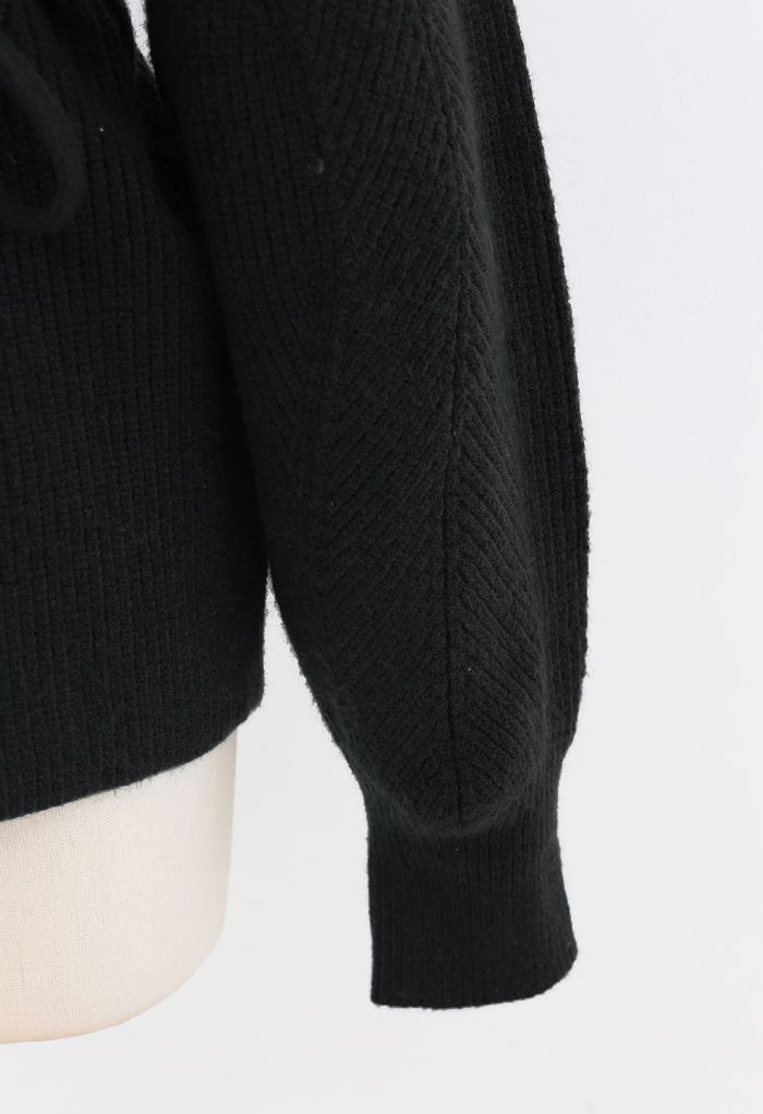 Cozy Ribbed Knit Sweater with String in Black