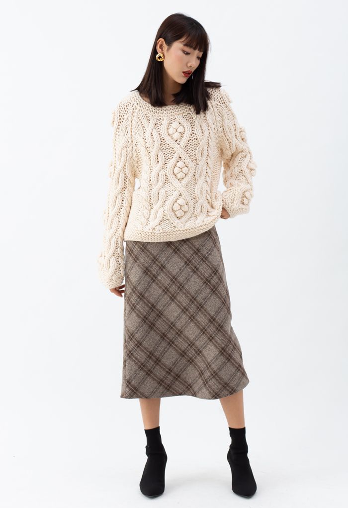 Check Print Wool-Blend Pencil Skirt in Taupe