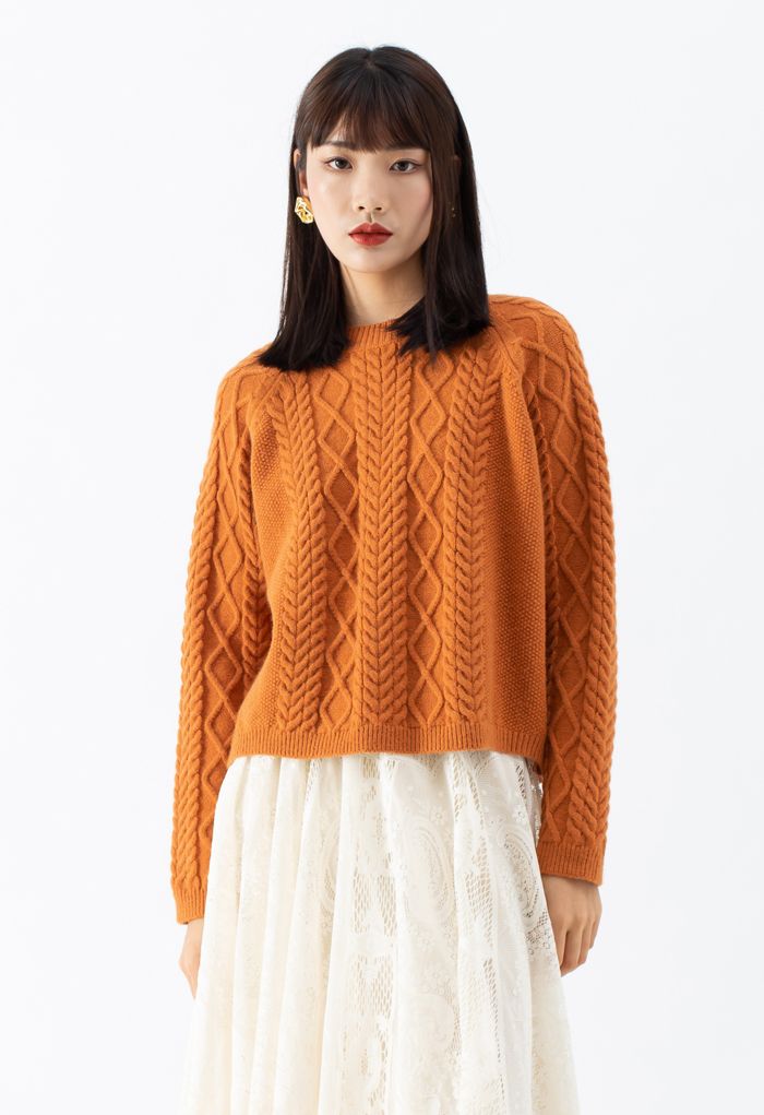 Braid Texture Cropped Knit Sweater in Orange