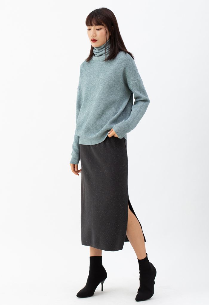 Basic Turtleneck Ribbed Knit Sweater in Green