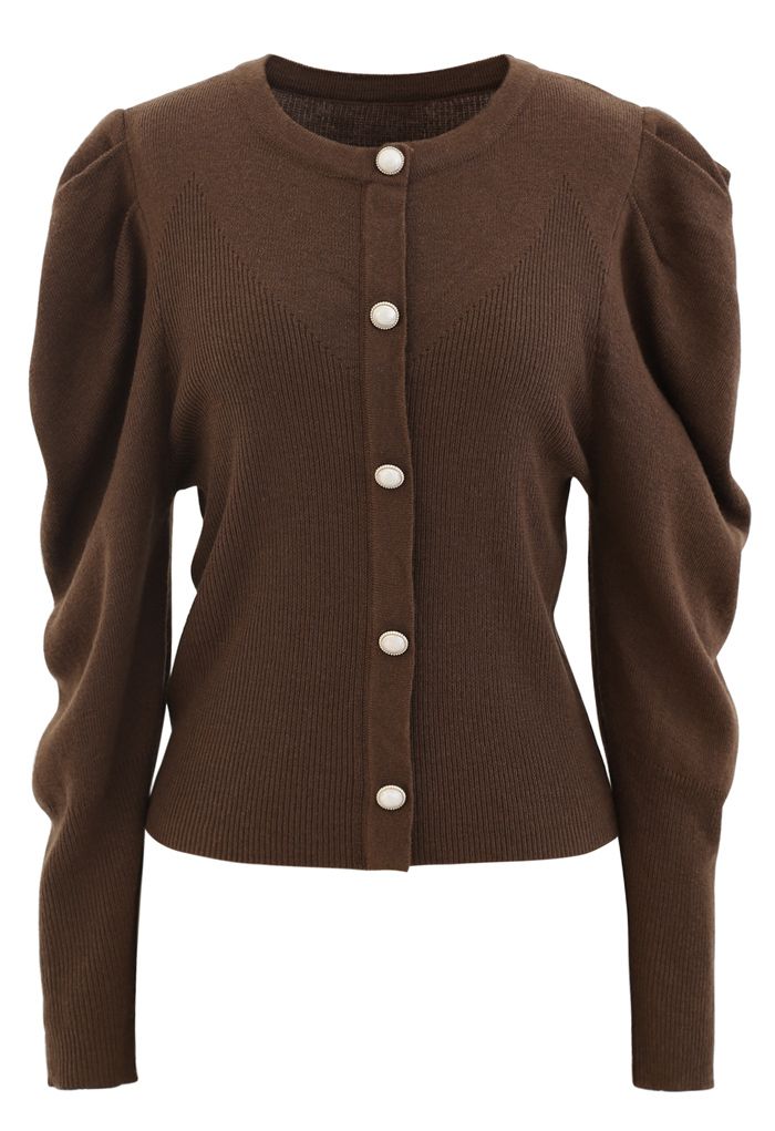 Button Ribbed Puff Sleeve Knit Top in Brown