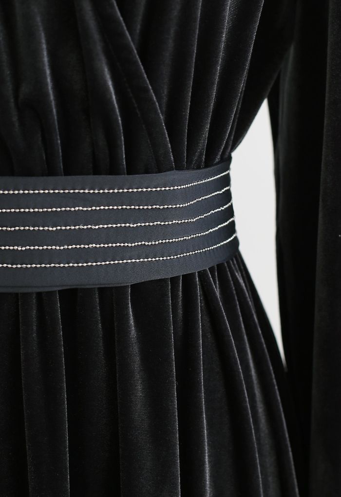 V-Neck Belted Velvet Wrap Dress in Grey