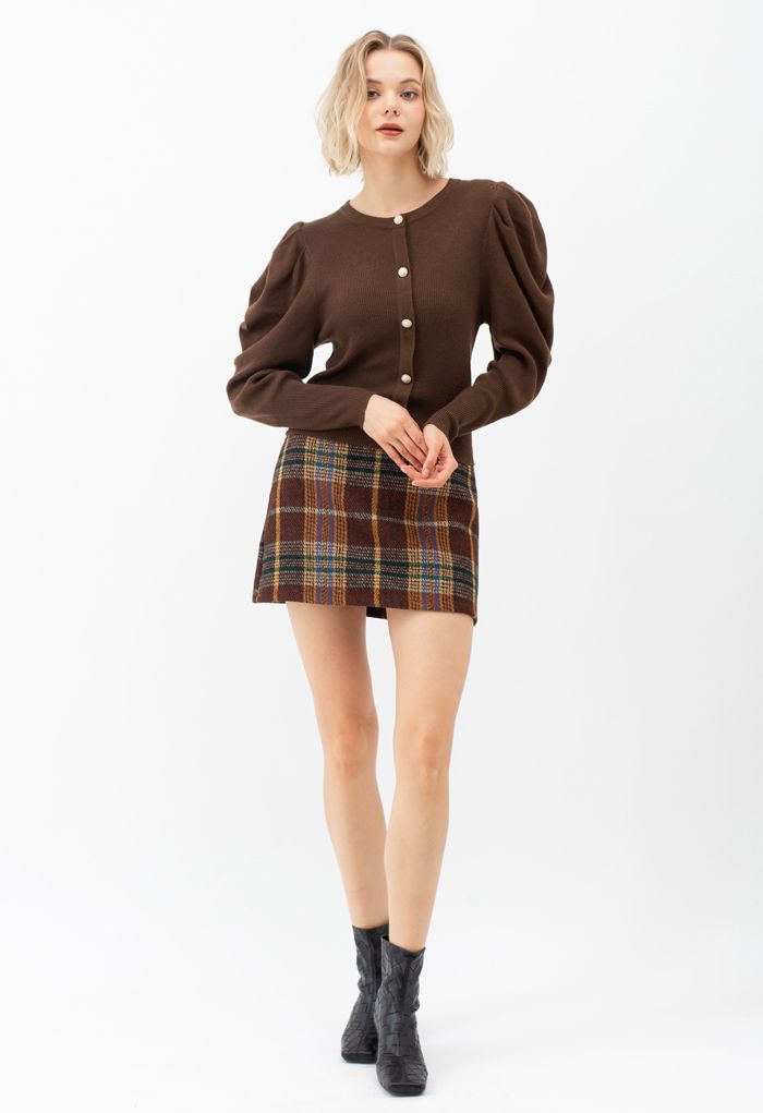 Classic Plaid Wool-Blend Mini Skirt in Caramel