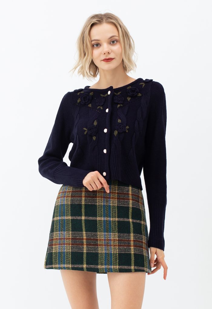 Flower Stitched Buttoned Knit Cardigan in Navy