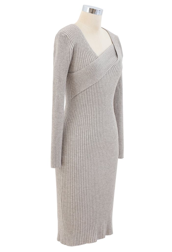 Surplice Wrap Front Ribbed Knit Dress in Linen