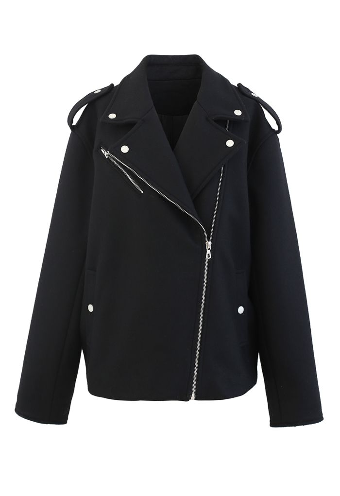 Wool-Blend Zipper Moto Jacket in Black