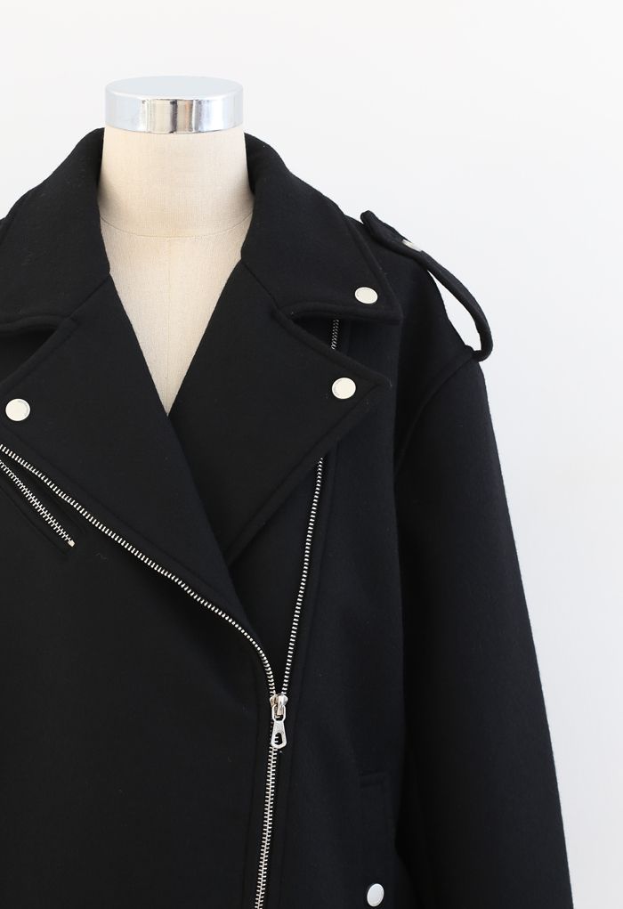 Wool-Blend Zipper Moto Jacket in Black