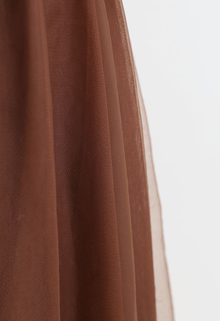 Elasticated Waist Knit Splice Mesh Dress in Brown