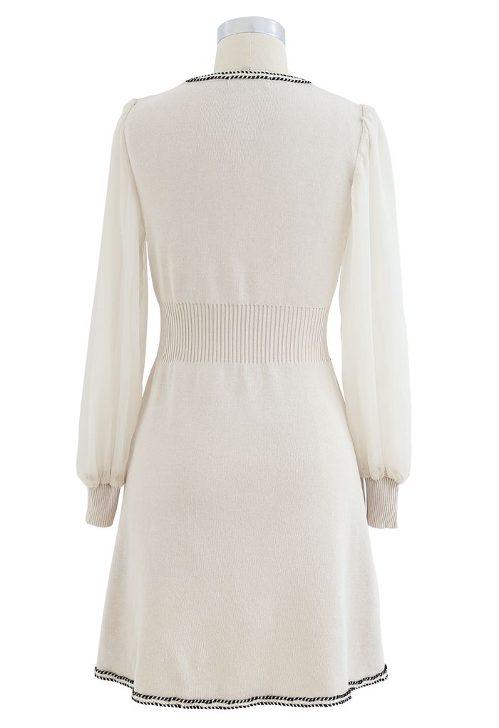 Sheer-Sleeve V-Neck Buttoned Knit Dress in Cream