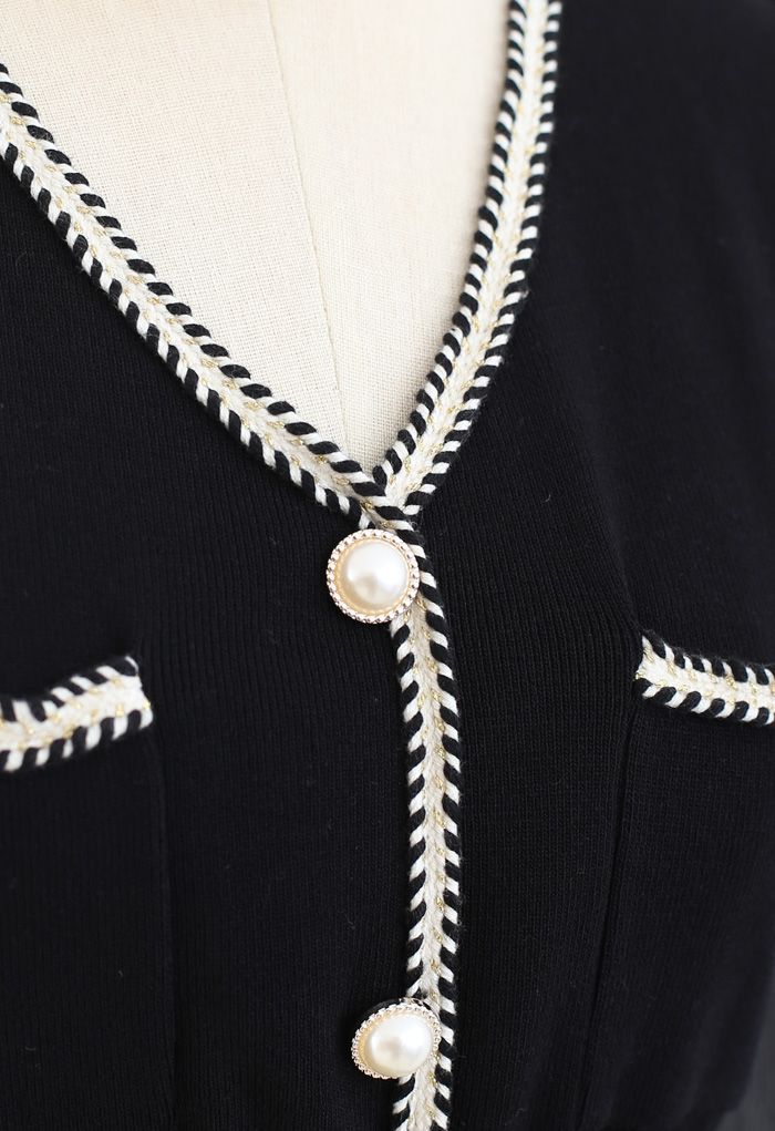 Sheer-Sleeve V-Neck Buttoned Knit Dress in Black