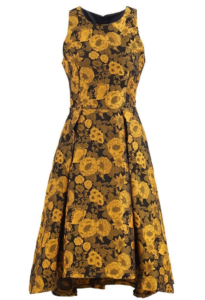 Noble Floral Embossed Jacquard Waterfall Dress