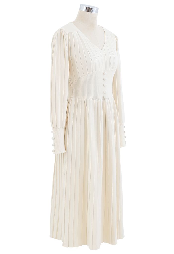 Button Decorated Pleated Knit Dress in Cream