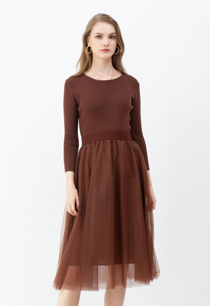 Elasticated Waist Knit Splice Mesh Dress in Brown