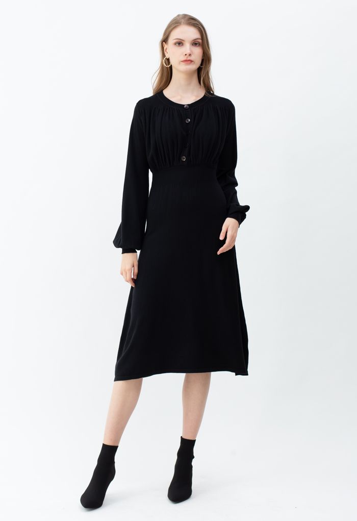 Ruched Buttoned Front Soft Knit Dress in Black