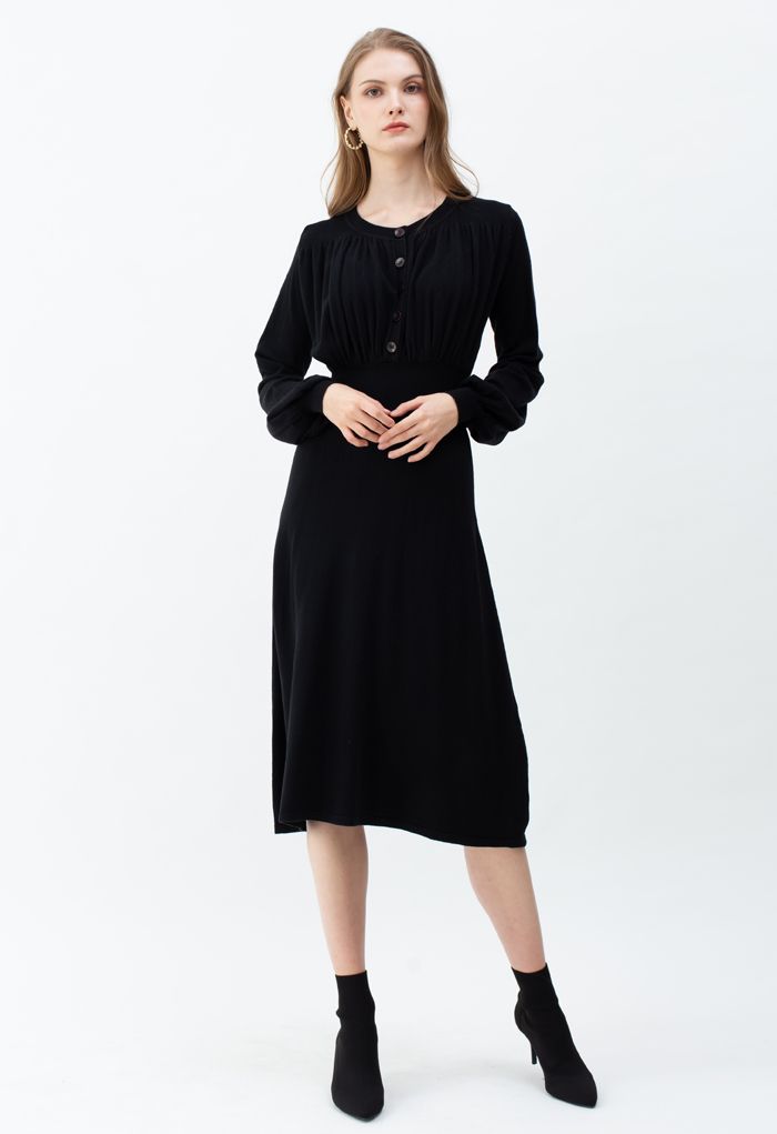 Ruched Buttoned Front Soft Knit Dress in Black