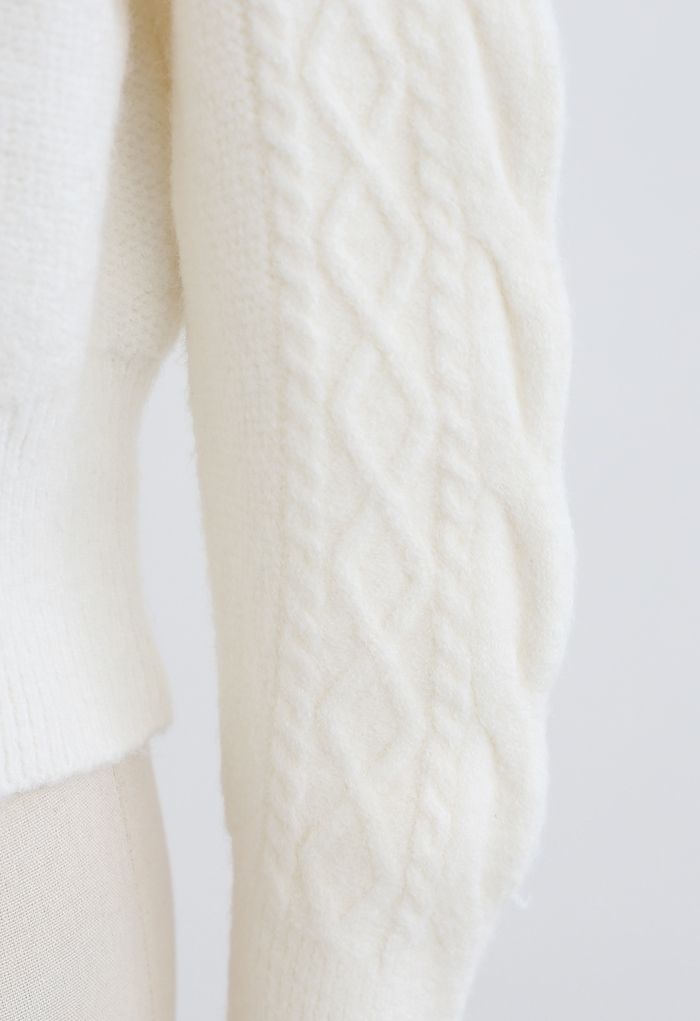 Cropped Square Neck Braid Knit Sweater in White