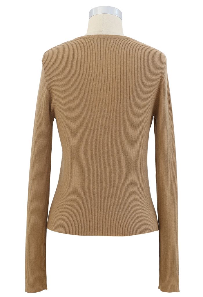 Double-Breasted Rib Knit Top in Camel