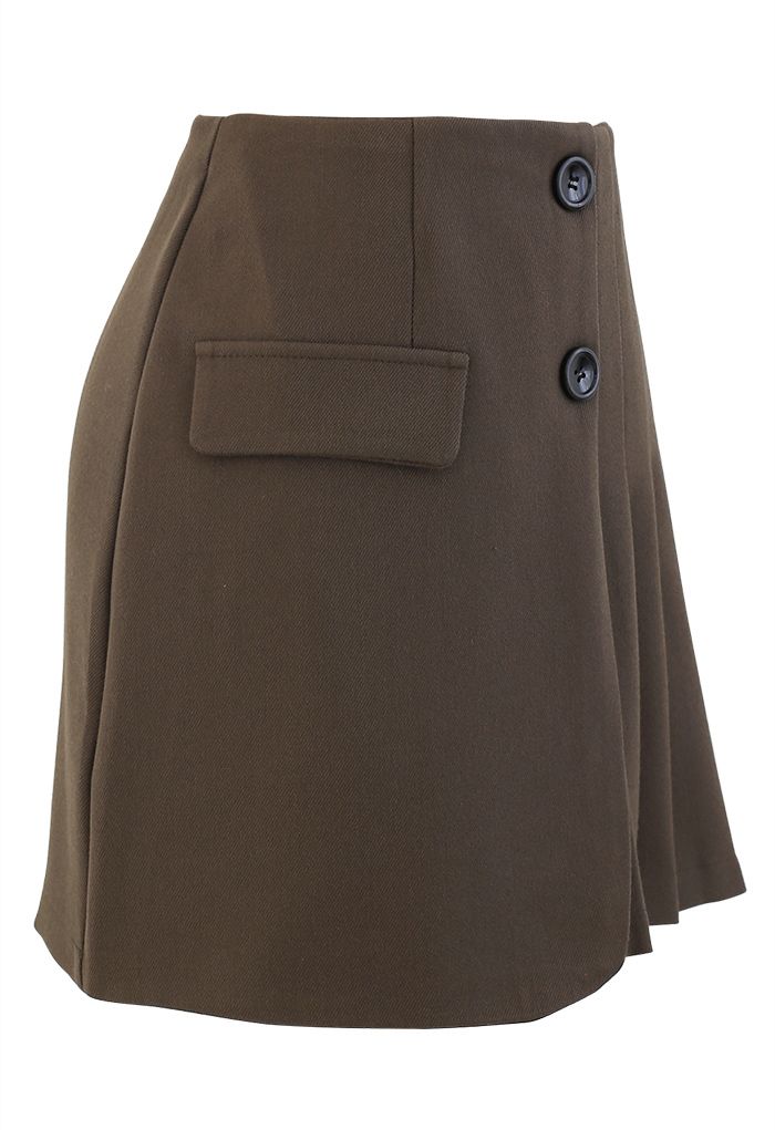 Buttoned Flap Pleated Mini Skirt in Olive