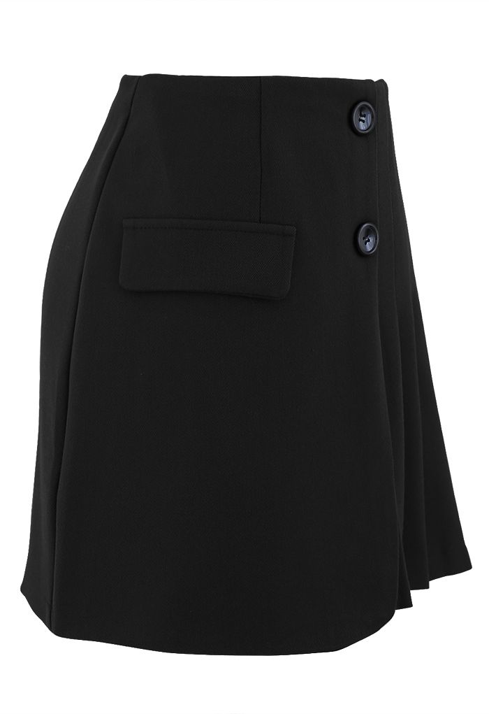 Buttoned Flap Pleated Mini Skirt in Black