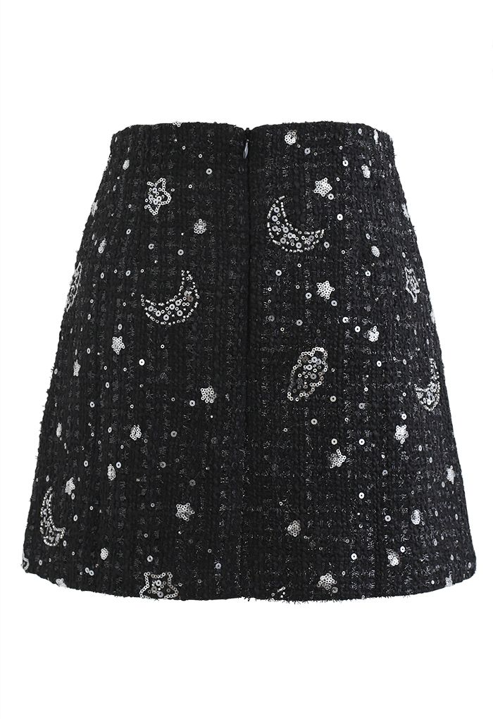 Sequined Moon and Star Tweed Mini Skirt