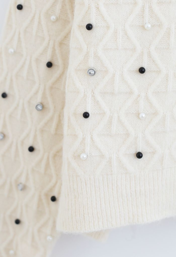 Beads Trim Textured Crop Sweater in Ivory