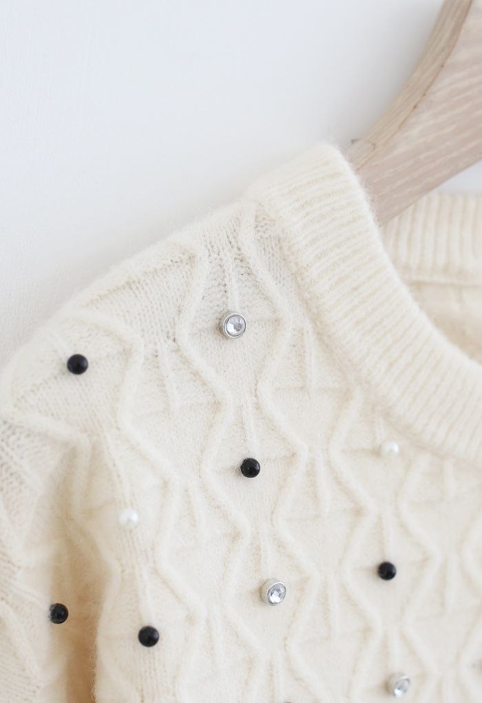 Beads Trim Textured Crop Sweater in Ivory