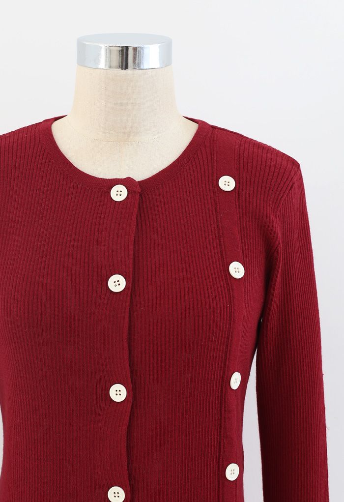 Double-Breasted Rib Knit Top in Red