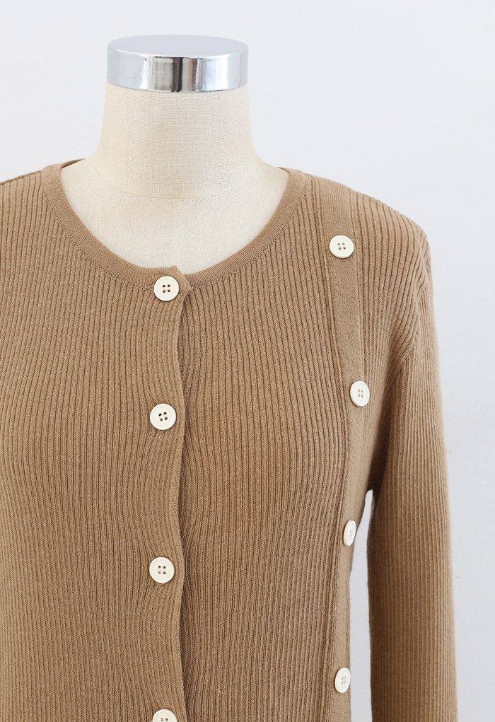 Double-Breasted Rib Knit Top in Camel