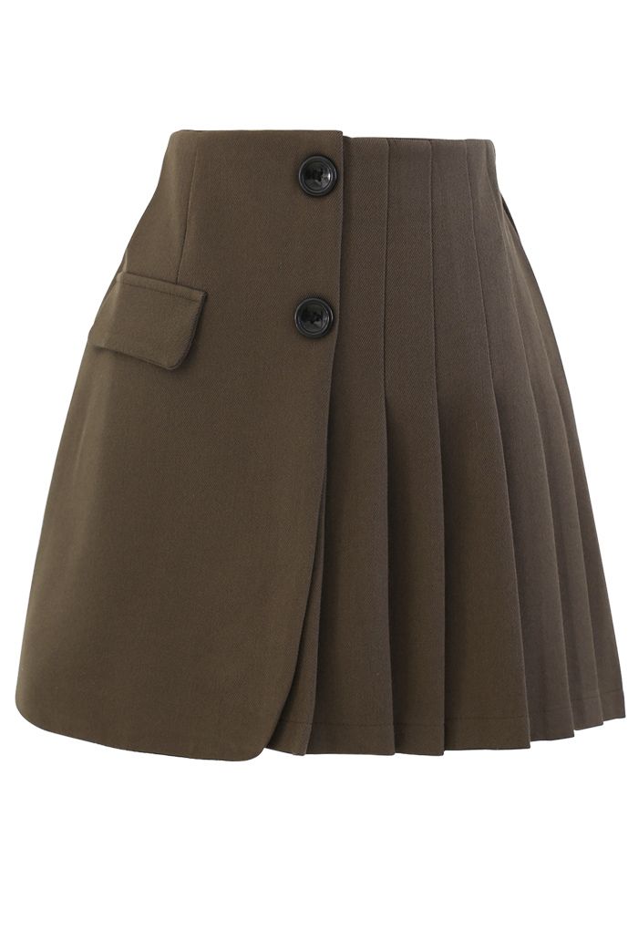 Buttoned Flap Pleated Mini Skirt in Olive