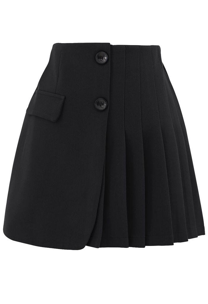 Buttoned Flap Pleated Mini Skirt in Black