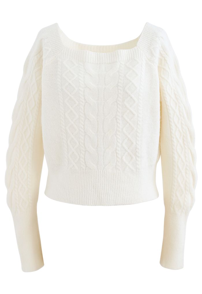 Cropped Square Neck Braid Knit Sweater in White