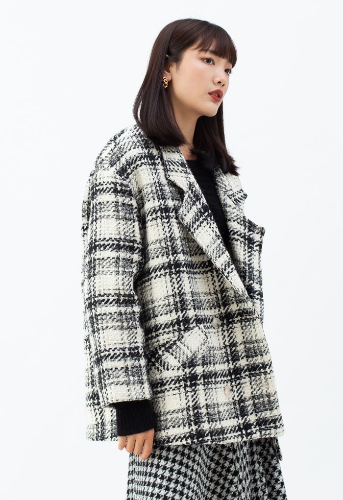 Contrasted Color Double-Breasted Tweed Coat in Ivory