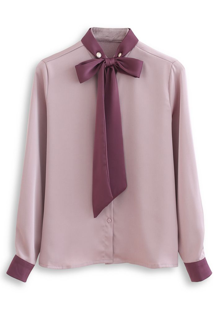 Bow Tie Neck Satin Button Down Shirt in Pink