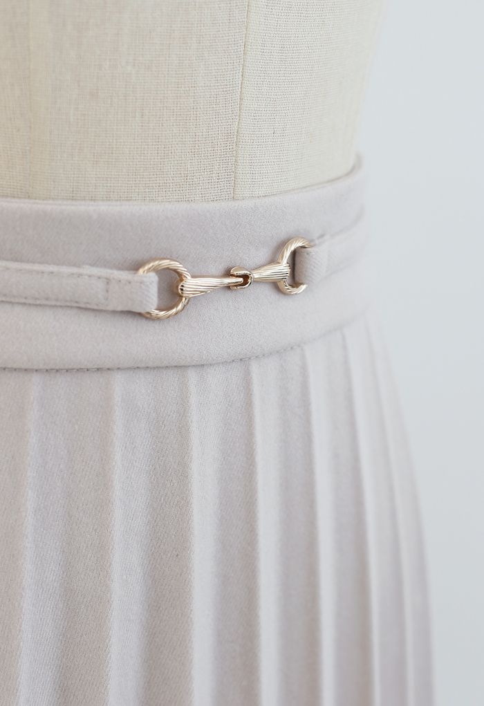Horsebit Trims Wool-Blend Pleated Midi Skirt in Cream