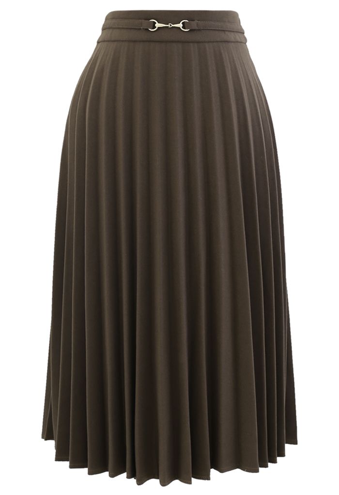 Horsebit Trims Wool-Blend Pleated Midi Skirt in Brown